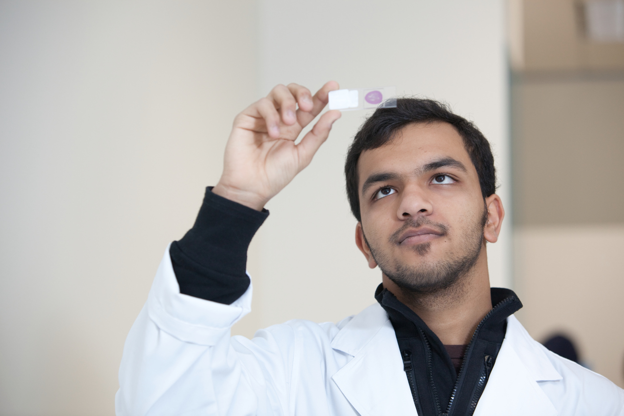 Marketing photography of student studying in lab